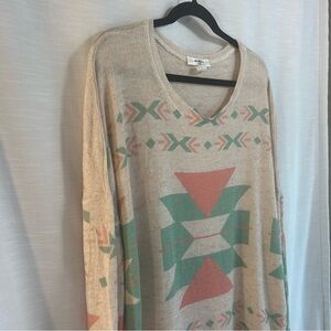 Moa Moa Southwestern-Style V-Neck Long Sleeve Sweater Sz 2X